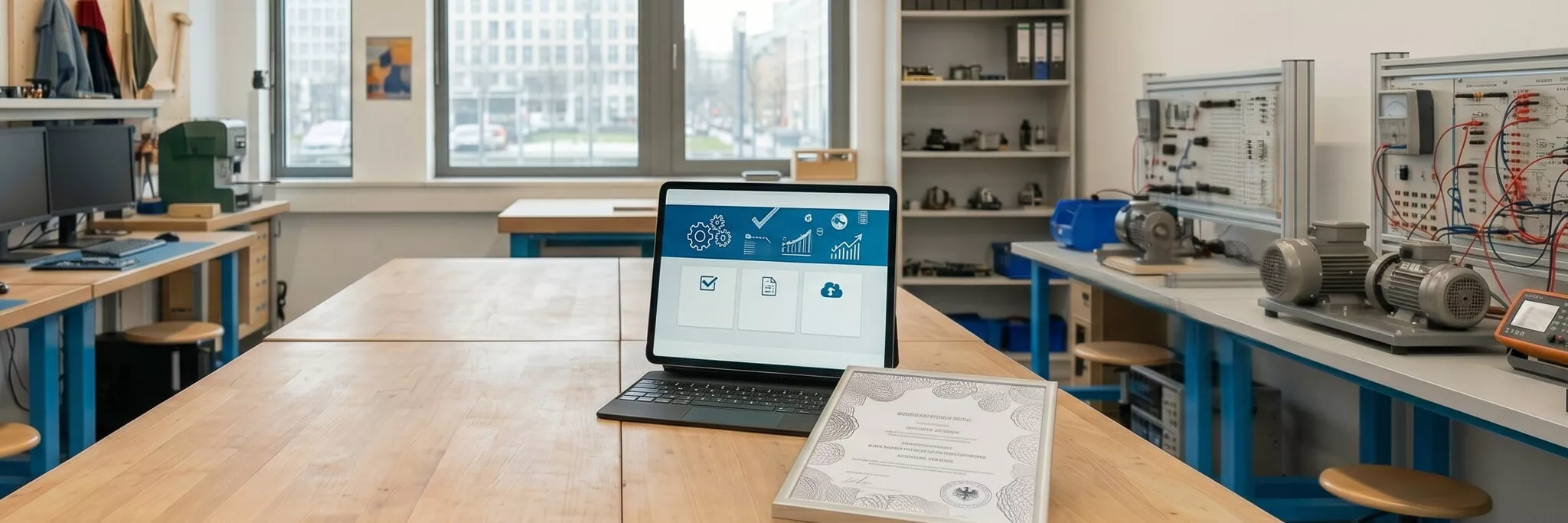 Laptop und Zertifikat auf einem Arbeitstisch in einem Werkstatt-Gruppenraum (KI generiert)