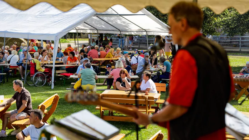 Erntedankfest Kuhhorst 2025 - Livemusik - Musiker von hinten auf der Bühne mit Blick auf die gut besuchte Festwiese
