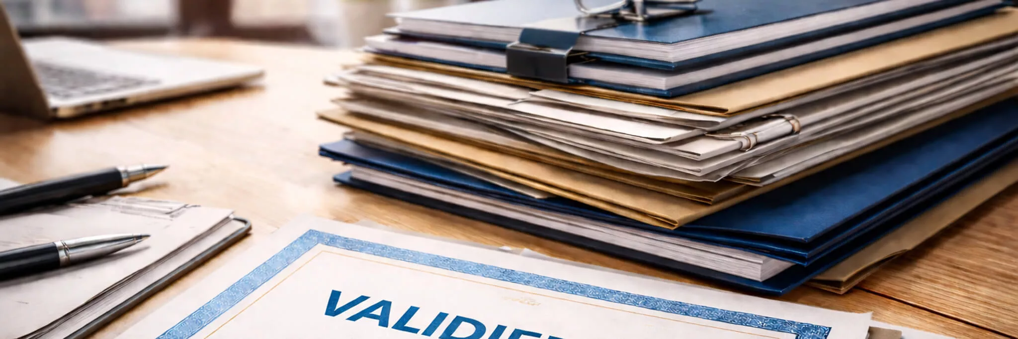 Zertifikat und Unterlagen auf dem Büro-Schreibtisch