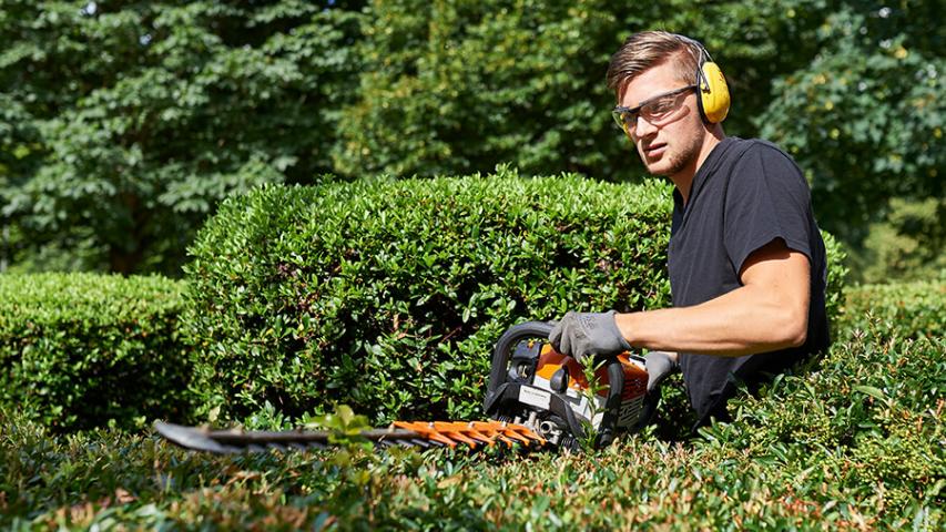 Mitarbeiter der Garten- und Landschaftspflege von Mosaik beim Schneiden einer Hecke