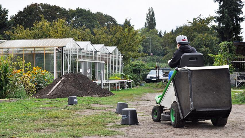 Mitarbeiter im Gärtnerhof Charlottenburg auf einem Aufsitzrasenmäher